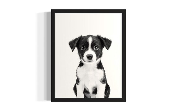 Border Collie Puppy Portrait Black And White Studio Photo Poster