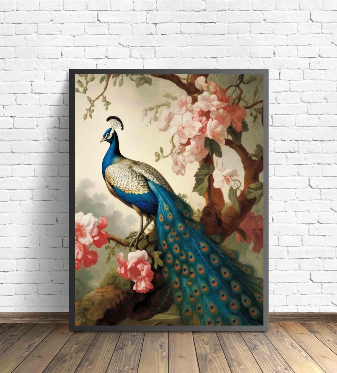 Peacock Perched High in a Flowering Tree Vintage Bird Art Poster - Image 2