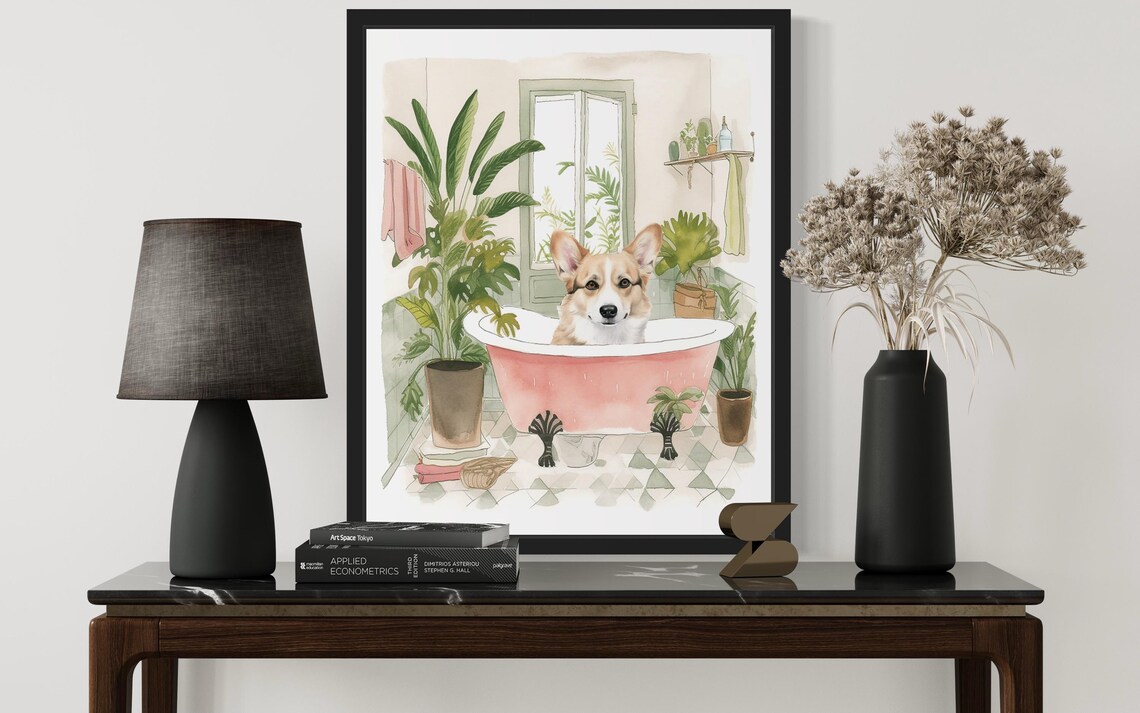 Corgi Dog Bath Time Pink Clawfoot Tub Botanical Bathroom Art Poster - Image 3