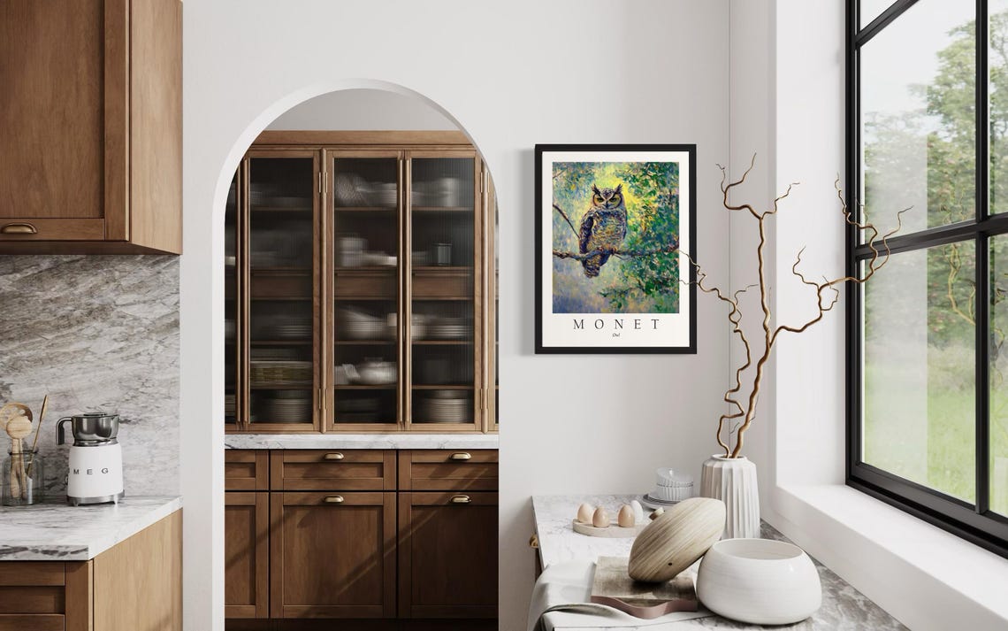 Great Horned Owl Resting on a Branch Monet Style Wildlife Poster - Image 4
