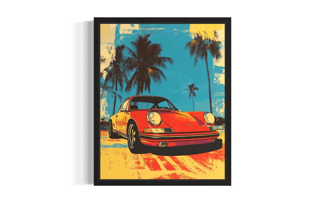 Vintage Red Classic Sports Car Palm Trees Retro Pop Art Poster
