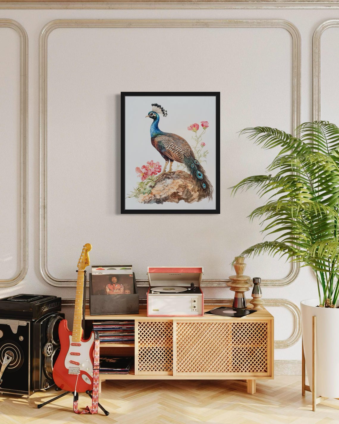 Peahen on a Rocky Perch with Pink Blossoms Watercolor Poster - Image 4