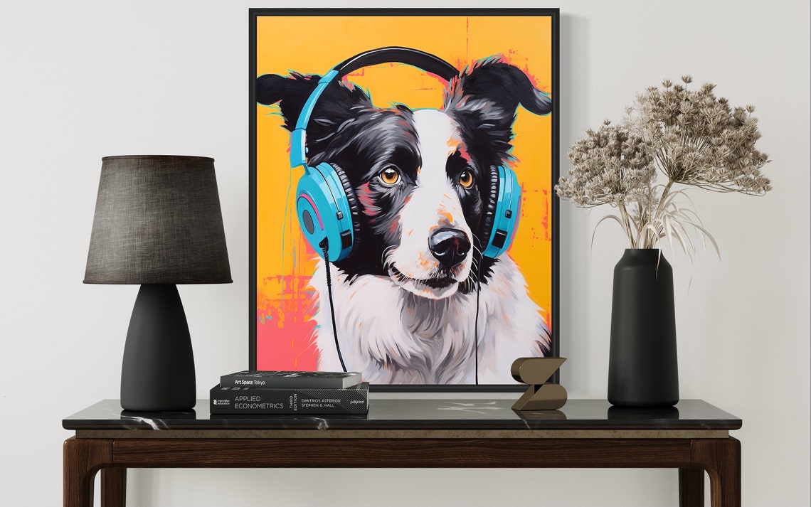 Border Collie Dog Wearing Blue Headphones Pop Art Music Poster - Image 3