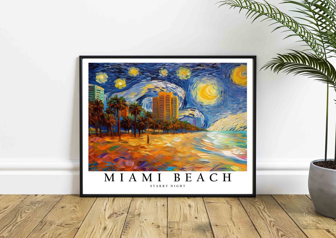 Miami Beach Starry Night Palm Trees Oceanfront Night Glow Poster - Image 4