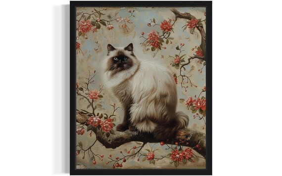 Birman Cat on Cherry Blossom Branch Vintage Style Painting Poster