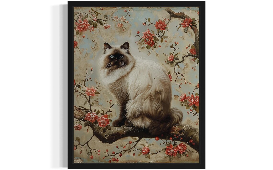 Birman Cat on Cherry Blossom Branch Vintage Style Painting Poster