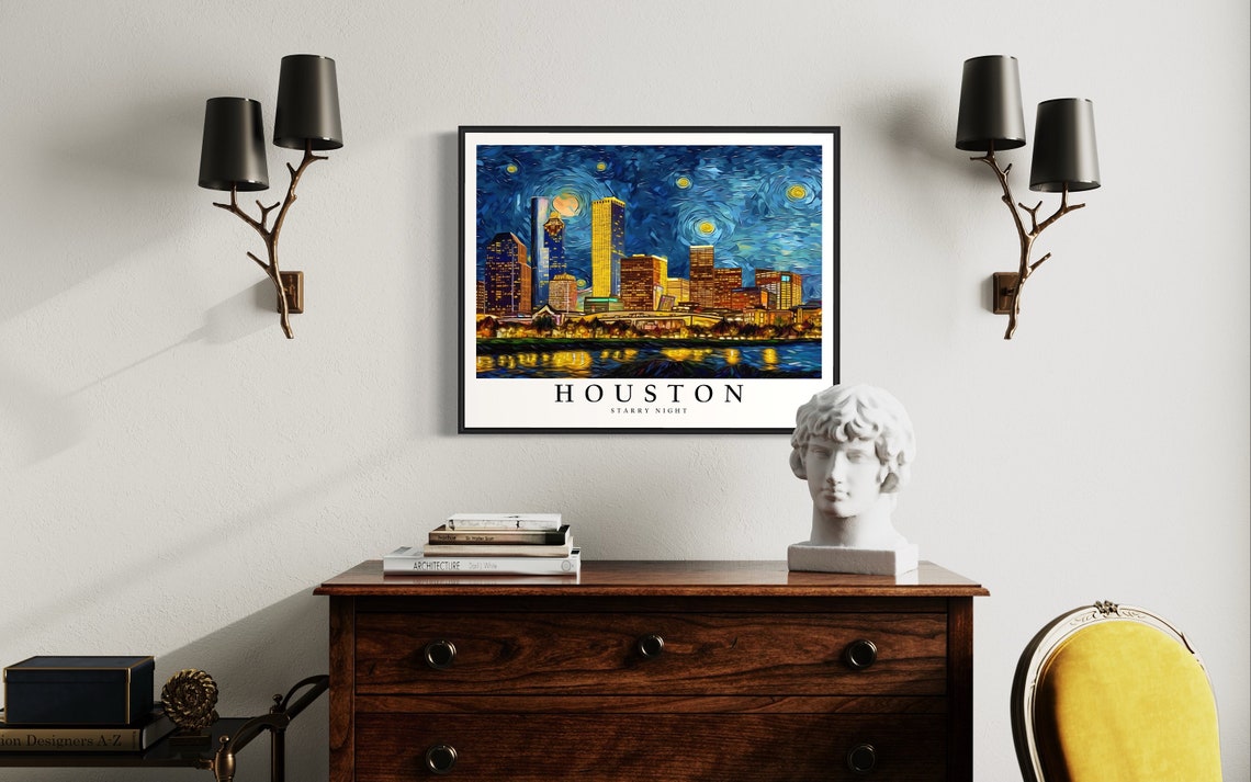 Houston Texas Starry Night Downtown Skyline Night Glow City Art Poster - Image 4