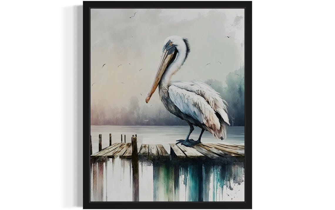 White Pelican Resting on Weathered Wooden Pier Watercolor Poster