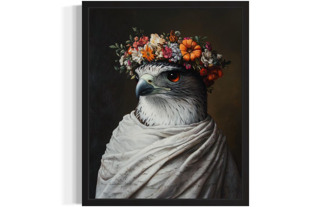 Fierce Falcon Portrait with Orange Flower Crown White Drape Poster