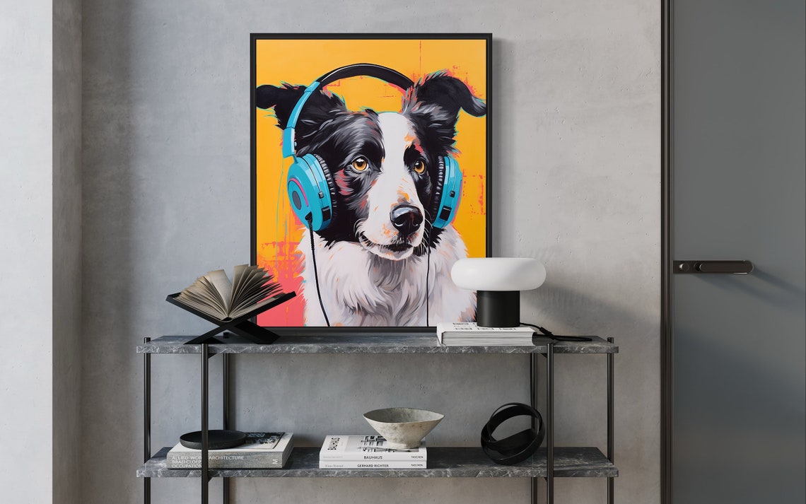 Border Collie Dog Wearing Blue Headphones Pop Art Music Poster - Image 2
