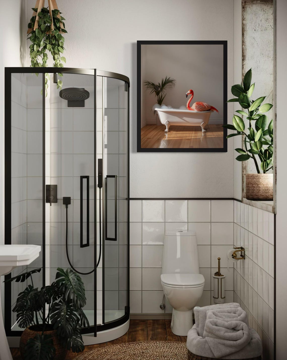 Flamingo Perched on a White Clawfoot Bathtub in Sunlight Photo Poster - Image 4