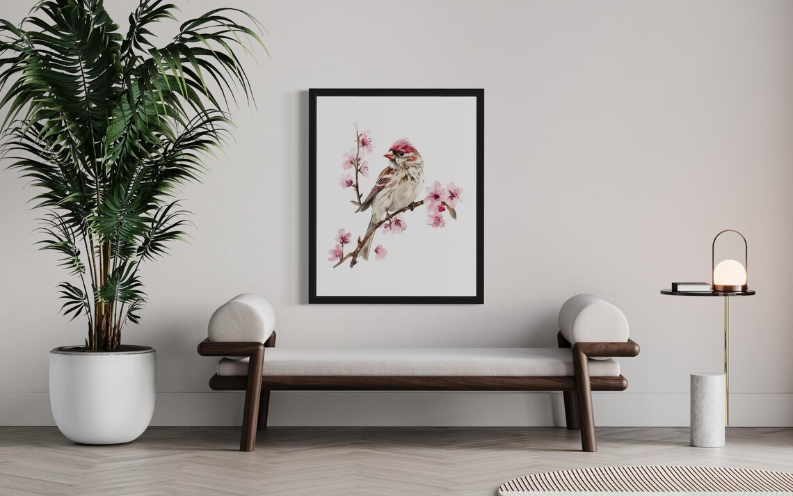 Common Redpoll Songbird on Pink Blossoms Watercolor Bird Poster - Image 3