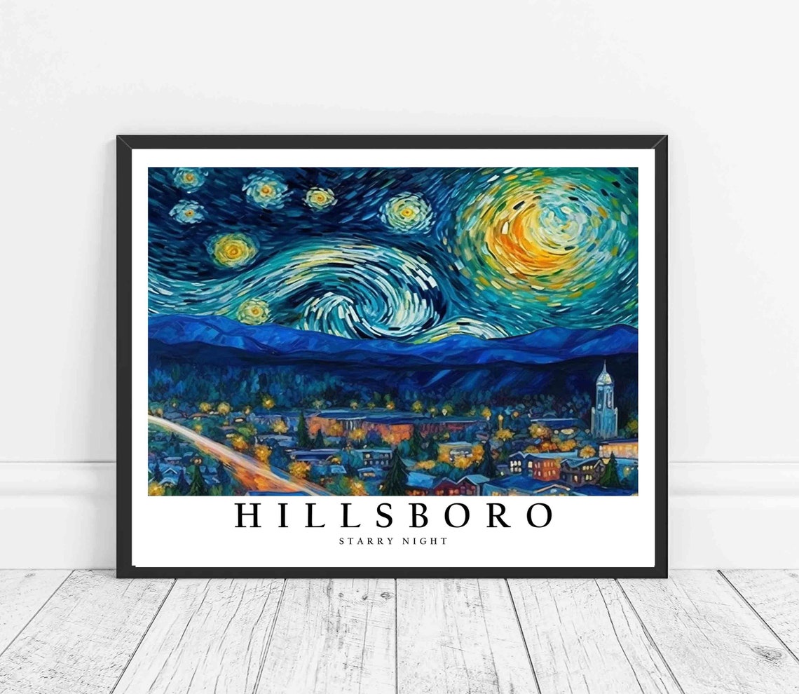 Hillsboro Starry Night City Mountain Valley Night Lights Poster