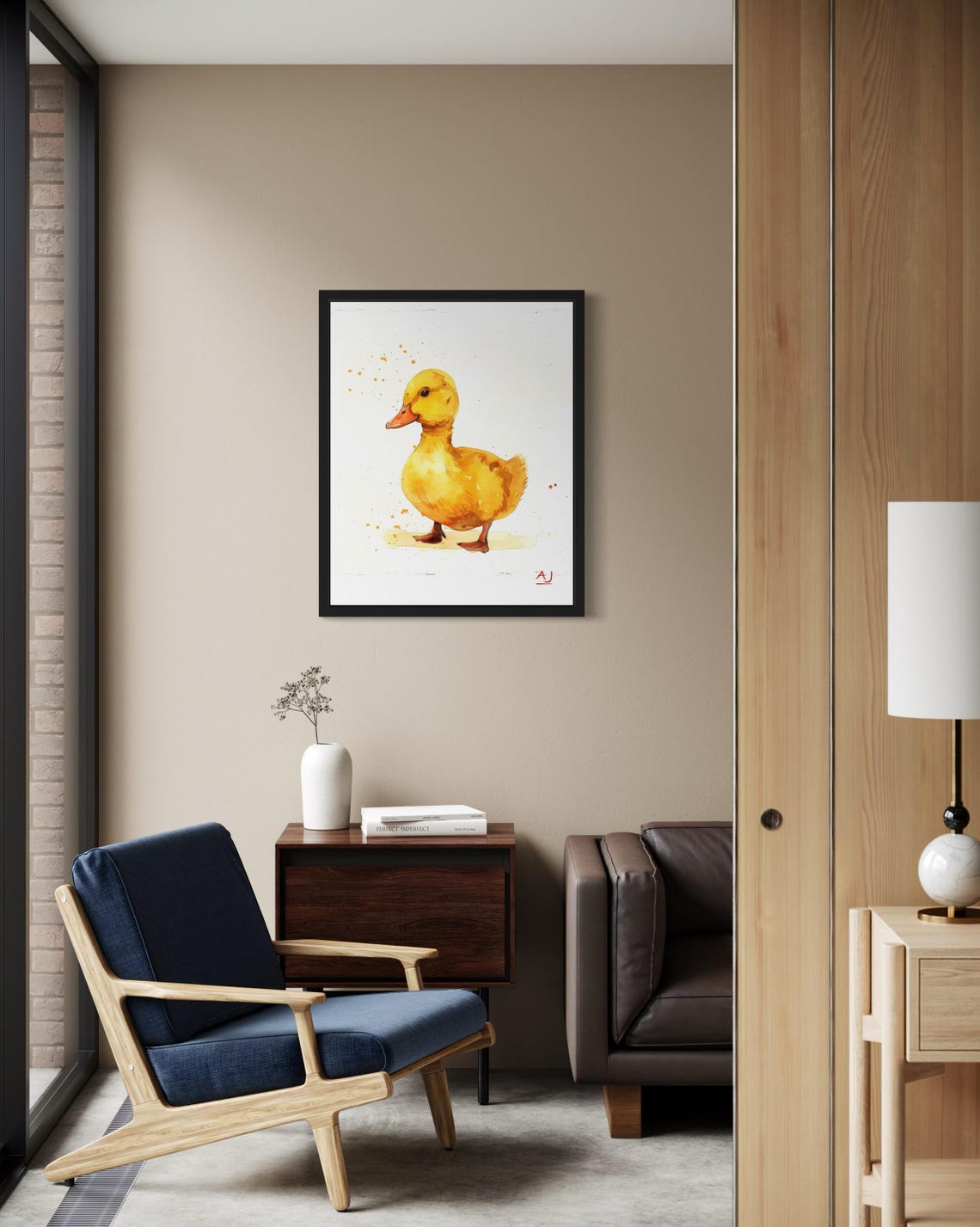 Yellow Duckling Watercolor With Orange Paint Splashes Poster - Image 2