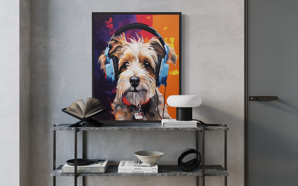 Biewer Terrier Puppy Wearing Blue Headphones Pop Art Portrait Poster - Image 2