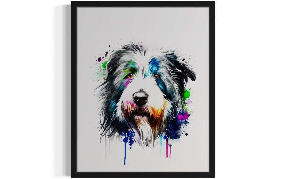 Bearded Collie Dog Neon Splash Watercolor Portrait Art Poster