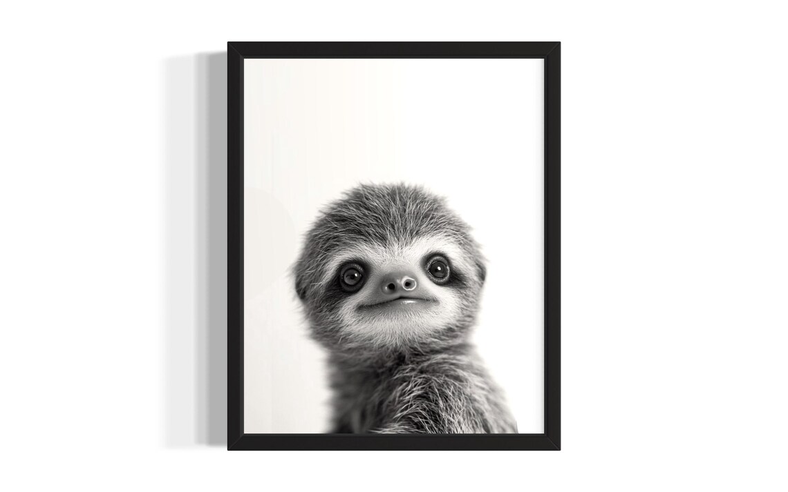 Baby Sloth Black and White Animal Portrait Nursery Art Poster