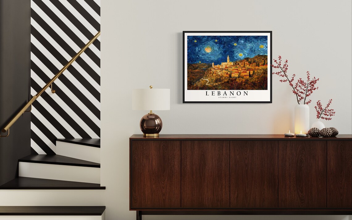 Lebanon Hilltop Village Starry Night Van Gogh Town Art Poster - Image 4