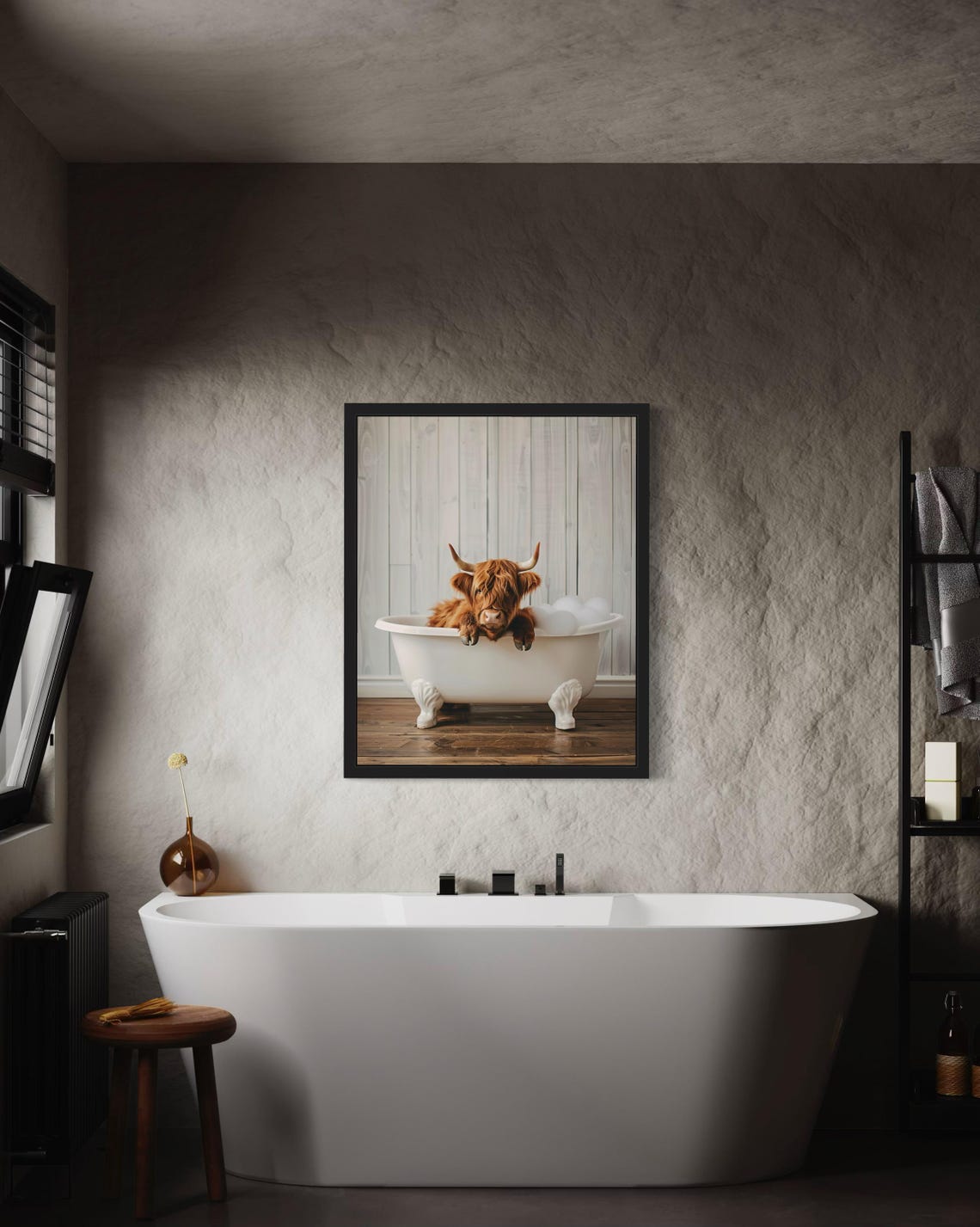 Highland Cow Soaking in a White Clawfoot Bubble Bath Tub Photo Poster - Image 3