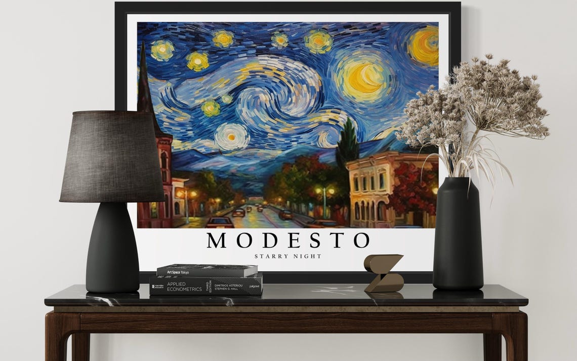 Modesto California Starry Night Downtown Street Scene Art Poster - Image 3