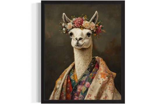 Llama Wearing Flower Crown and Rose Kimono Fine Art Decor Poster
