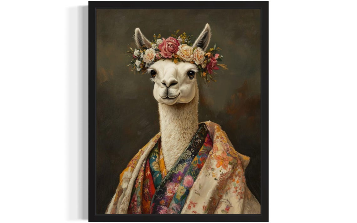 Llama Wearing Flower Crown and Rose Kimono Fine Art Decor Poster