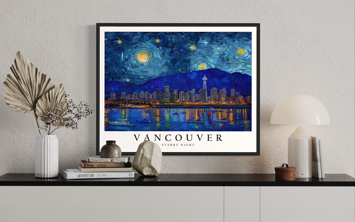 Vancouver Starry Night Harbor Boats Skyline Moonlit Art Poster - Image 2
