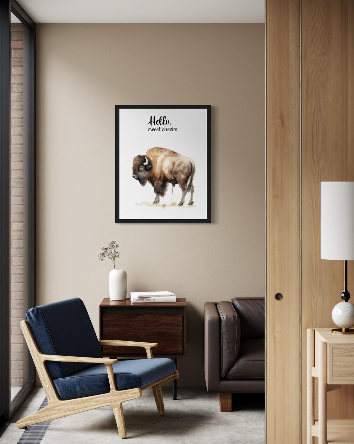 Painted Bison Watercolor Hello Sweet Cheeks Funny Bathroom Poster - Image 2