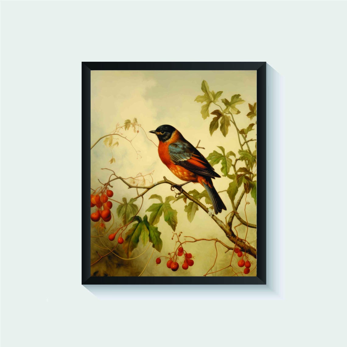 Black Headed Orange Breast Bird On Berry Branch Vintage Poster