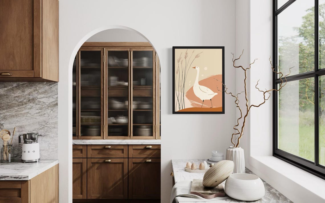 White Goose Among Reeds Beige Minimalist Farmhouse Art Poster - Image 4