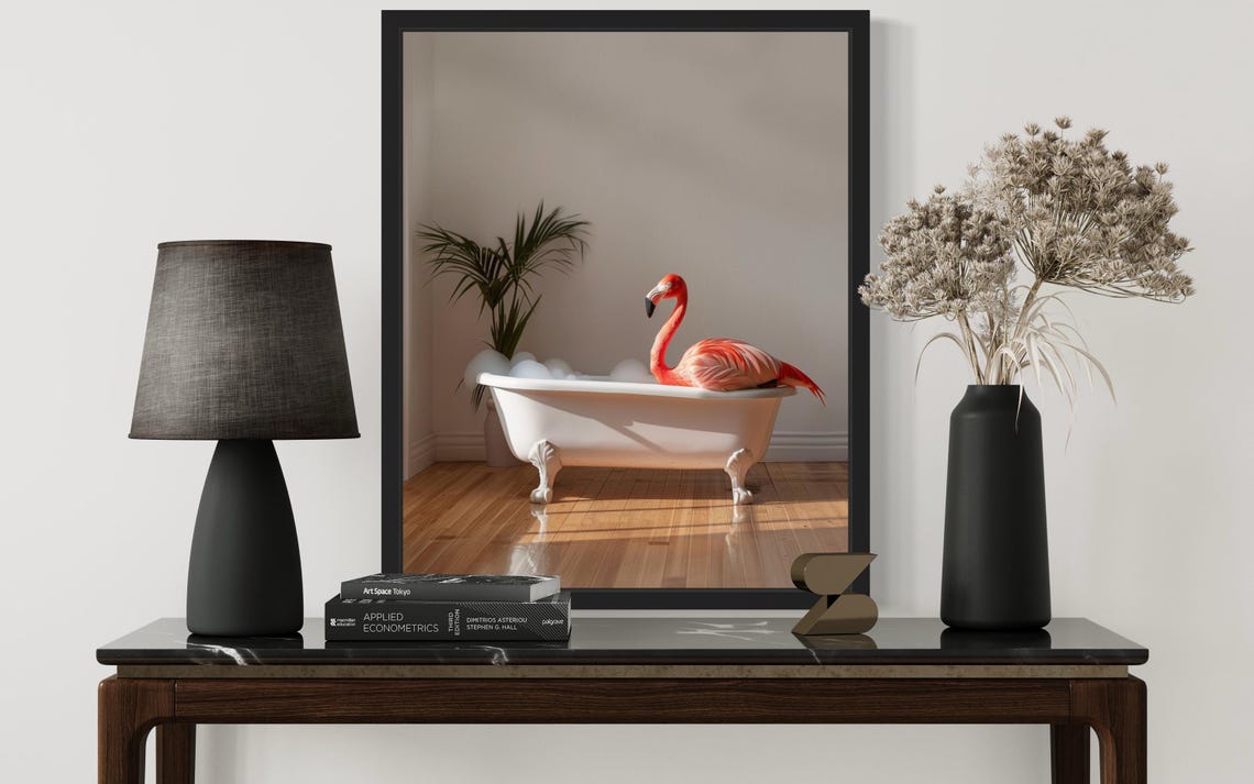 Flamingo Perched on a White Clawfoot Bathtub in Sunlight Photo Poster - Image 2