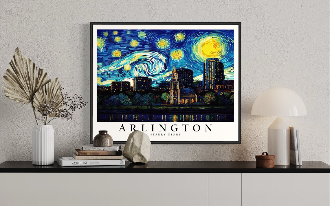 Arlington Texas Starry Night Skyline Church Tower Night Lights Art Poster - Image 2