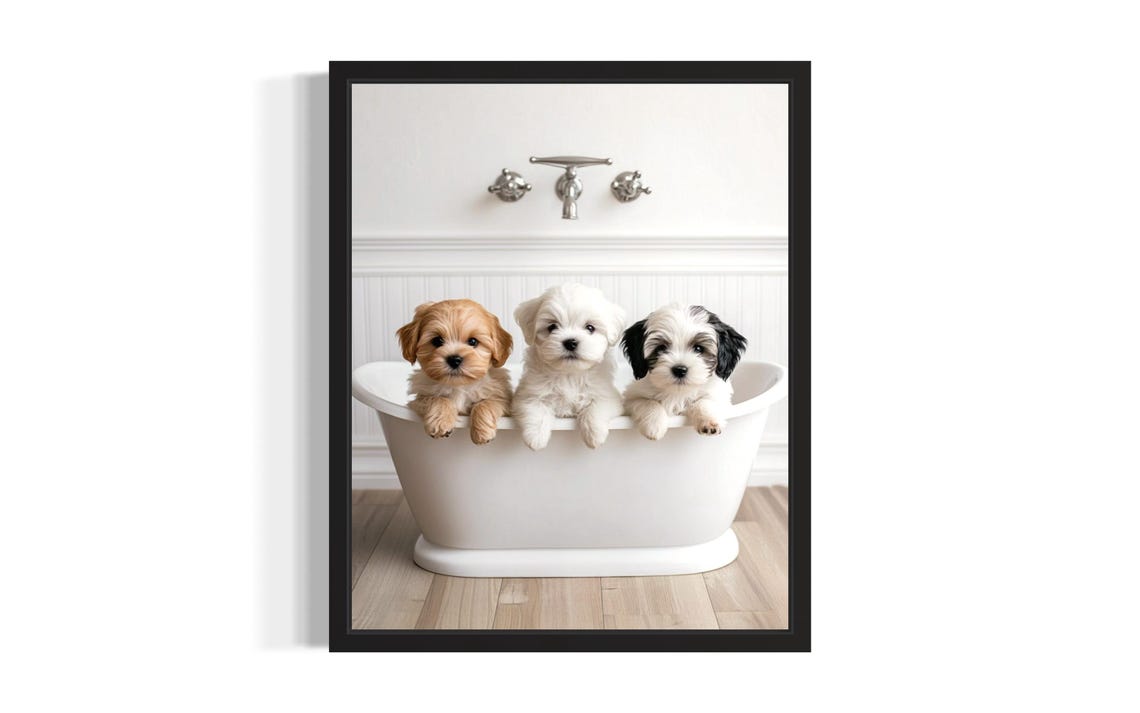 Three Mixed Breed Puppies in a Clawfoot Tub Tan White and Black Poster