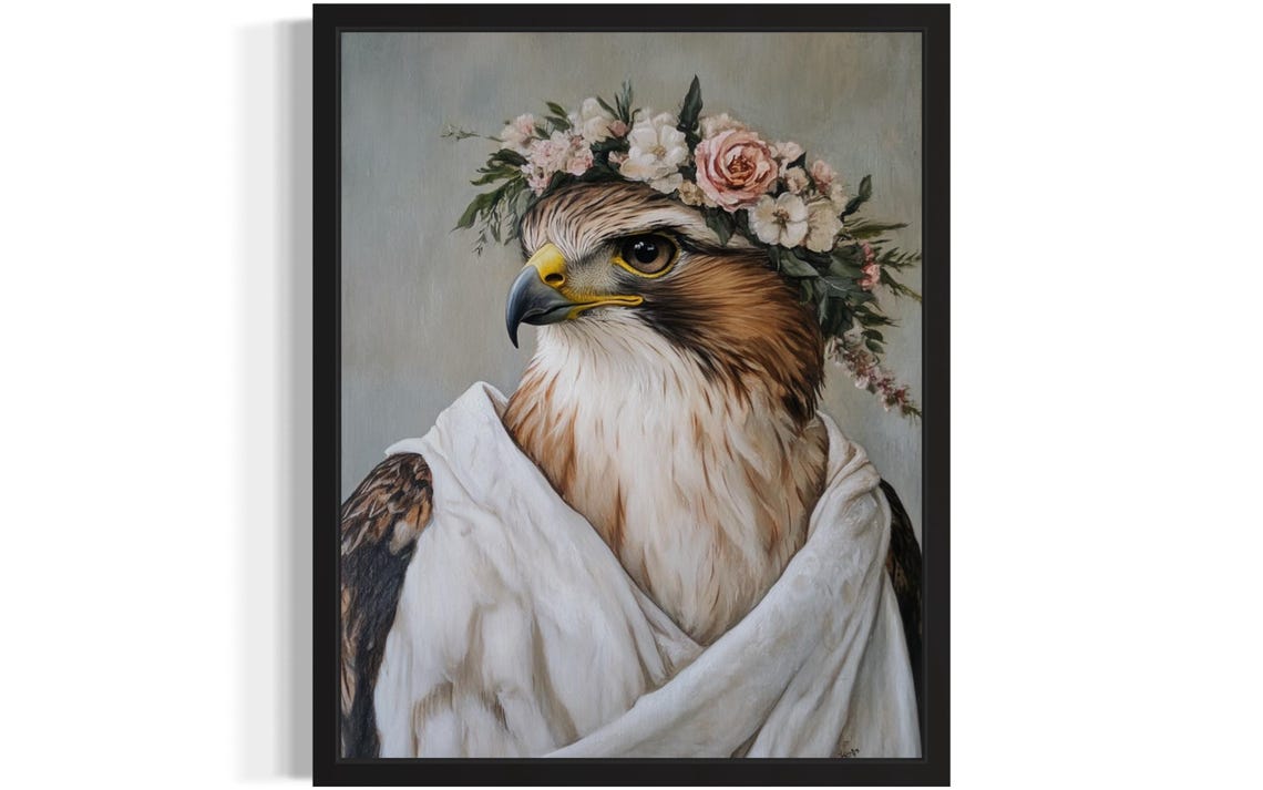 Fierce Hawk Portrait with Flower Crown in White Drape Art Poster