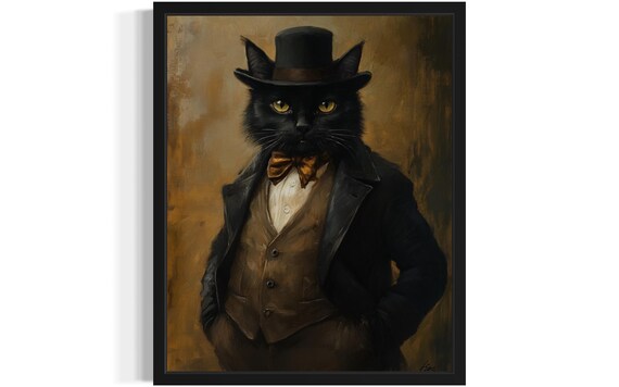Black Cat Mobster In Top Hat Bow Tie And Vest Oil Painting Poster