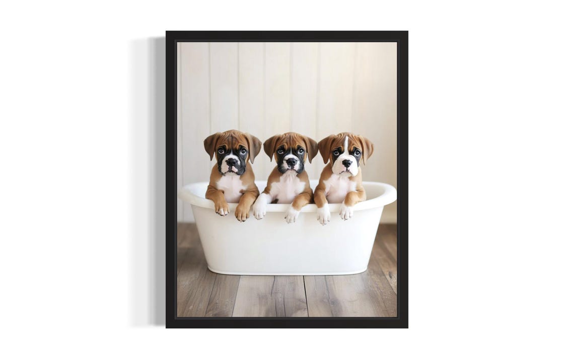 Cute Boxer Puppies In White Bathtub Fun Bathroom Decor Poster