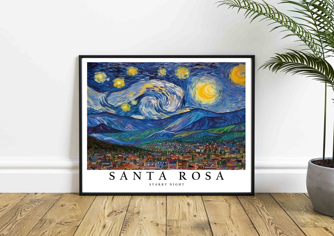 Santa Rosa Starry Night Van Gogh Style City Hills Art Poster - Image 4