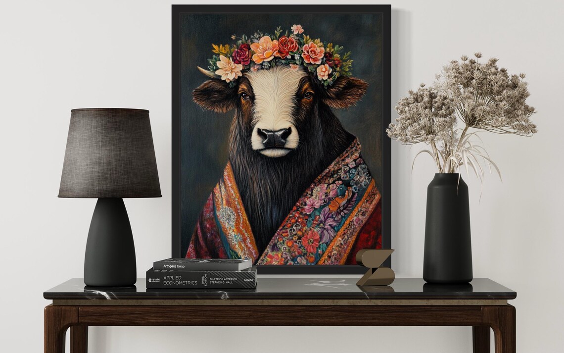 Musk Ox Wearing Flower Crown and Floral Robe Fine Art Decor Poster - Image 2