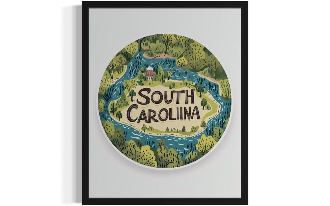 South Carolina Winding River Forest Scenic Circle Art Poster
