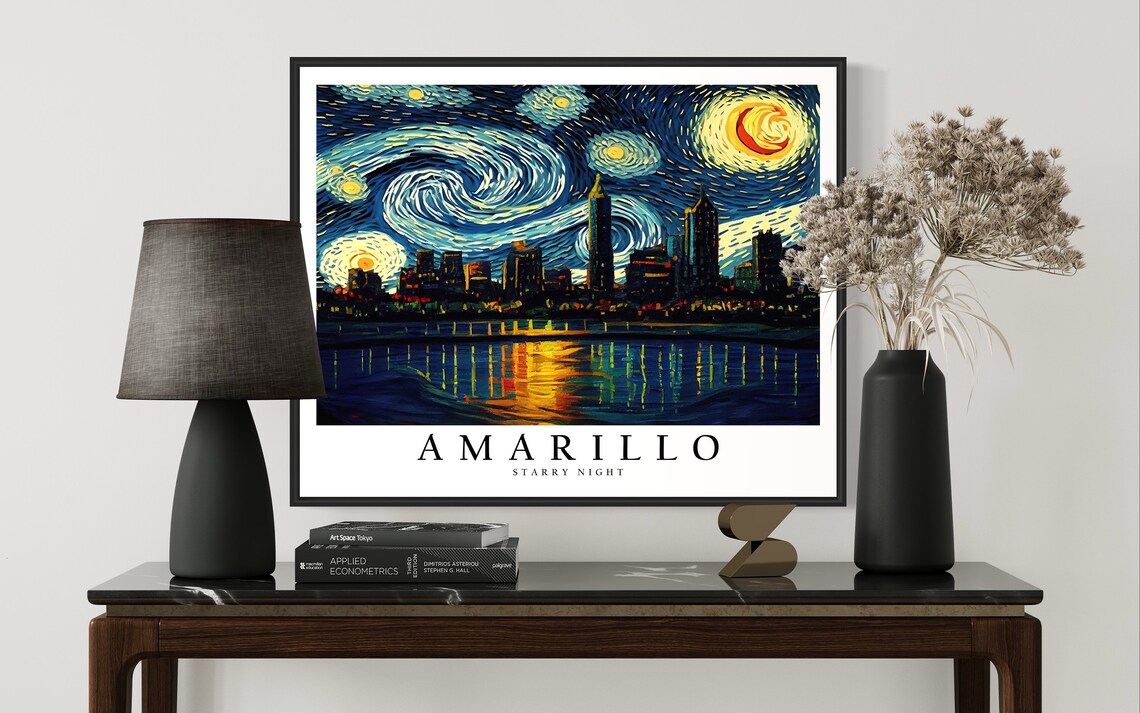 Amarillo Texas Starry Night Skyline Glowing Water Reflection Art Poster - Image 4