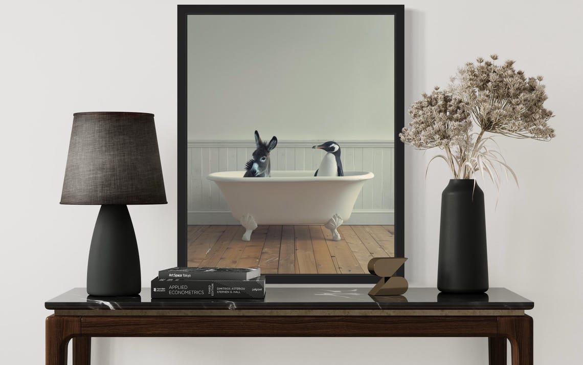 Donkey And Penguin Sitting Side By Side In Vintage Clawfoot Tub Poster - Image 2