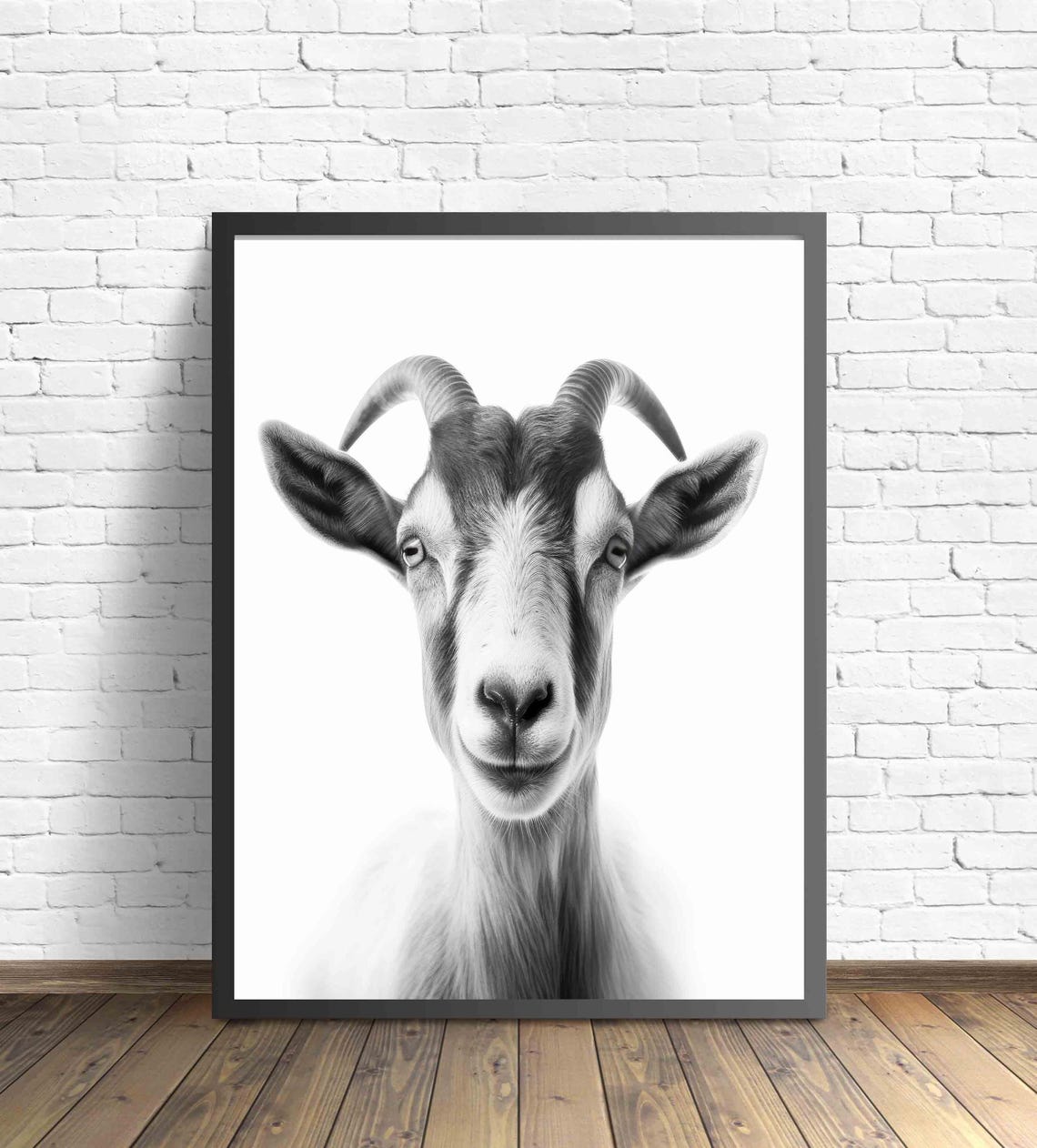 Goat Black and White Farm Animal Front Portrait Minimalist Poster - Image 2