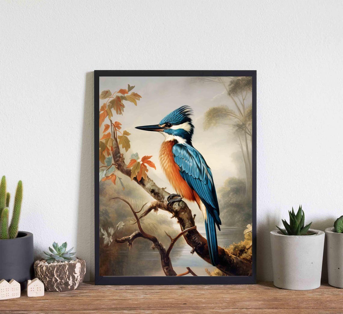Kingfisher Over a Quiet River Vintage Bird Illustration Poster