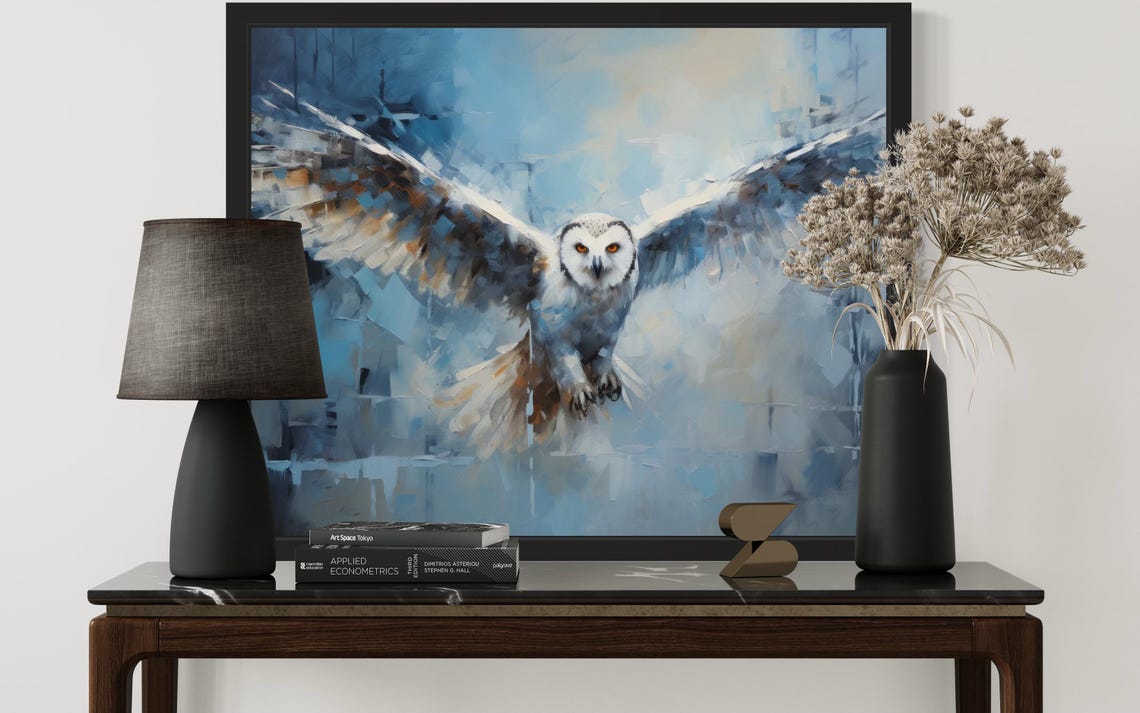 Snowy Owl in Flight Over Blue Winter Mist Original Painting Poster - Image 3