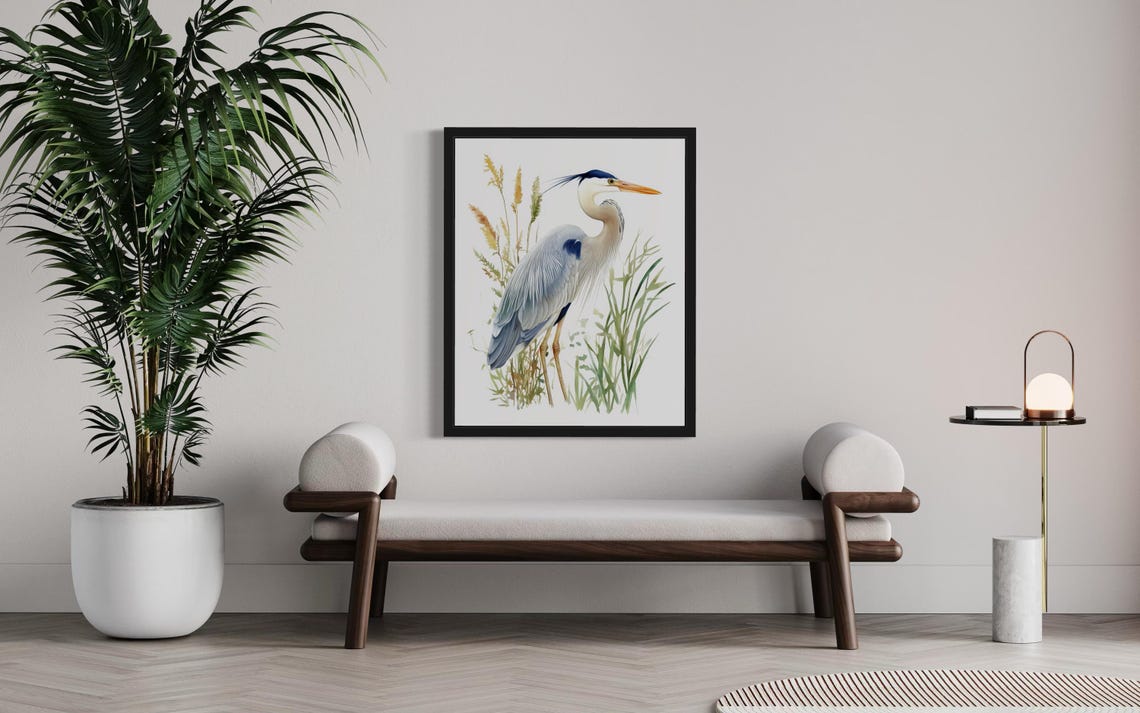 Great Blue Heron among Reeds Botanical Watercolor Bird Poster - Image 3
