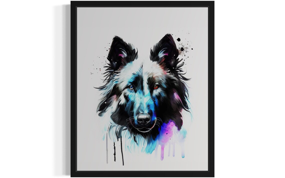 Black Belgian Sheepdog Electric Blue Watercolor Portrait Dog Poster