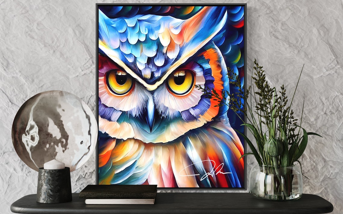 Colorful Owl Close-Up Portrait Vivid Modern Bird Wildlife Art Poster