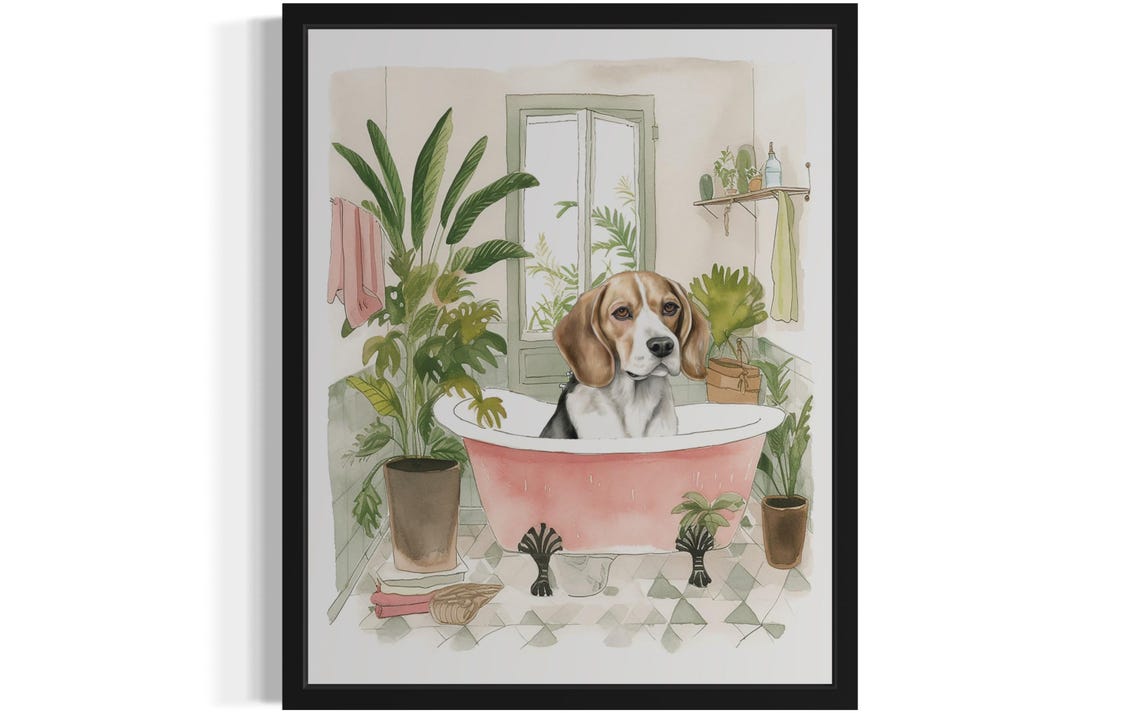 Beagle Dog Sitting In Pink Clawfoot Bathtub Bathroom Art Poster