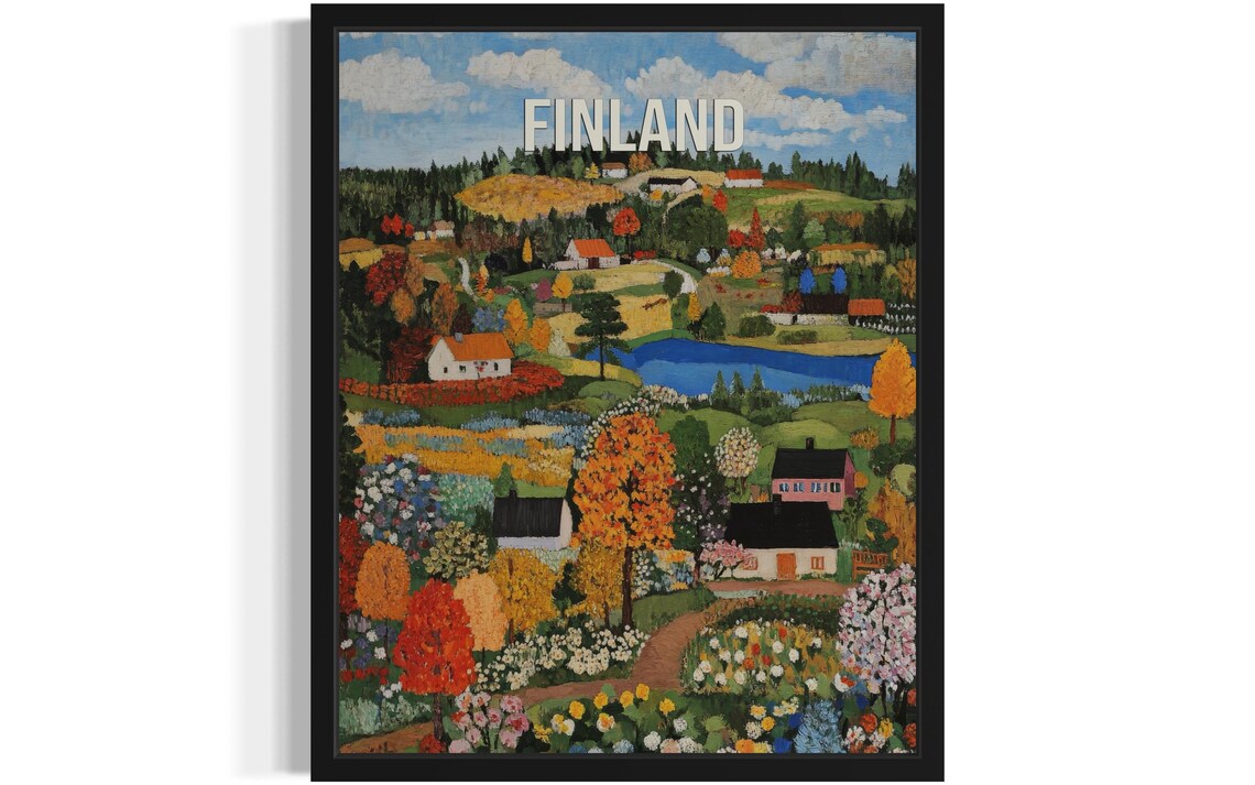 Finland Jewel Blue Lake Autumn Village Naive Folk Art Poster