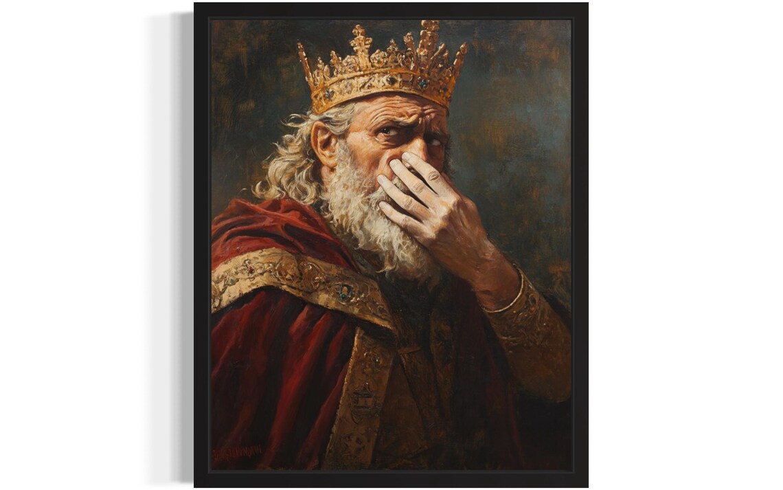 Funny Old King Holding His Nose Royal Crown Oil Painting Humor Art Poster